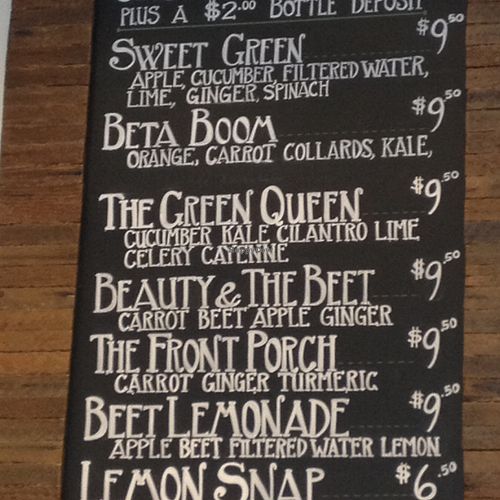 juice menu at Sun & Soil Juice Company in Sacramento
