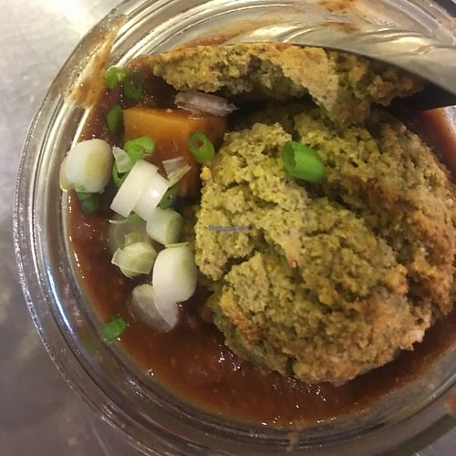 chili and savory biscuit, lunchtime regular item at PURE Simple Juice in Portland