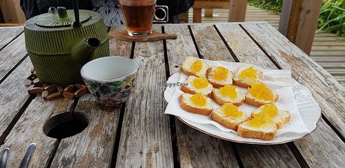Tasty toast with 'cheese' and pineapple jam. at Pes Verdes - Casa de Cha in Sao Miguel