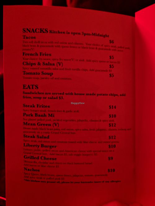 Food menu at Liberty Glass Bar & Restaurant in Portland