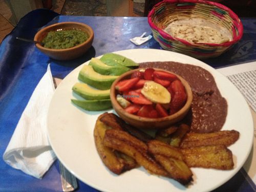 Desayuno typical, with modifications to be vegan at Bon Apetit in Copan Ruinas