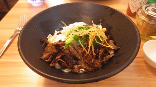 Seitan noodles and veg at VegCafe in Central Singapore