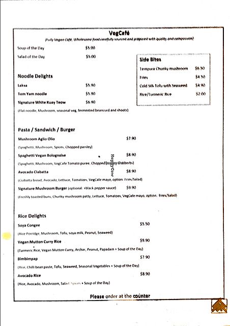 menu at VegCafe in Central Singapore
