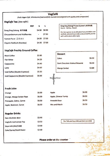 menu at VegCafe in Central Singapore