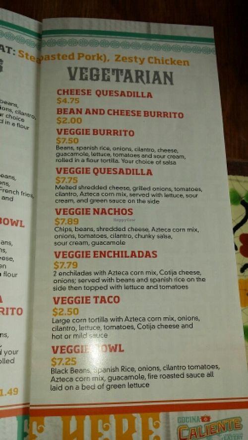 Vegetarian Menu at Cocina Caliente in Ridgecrest