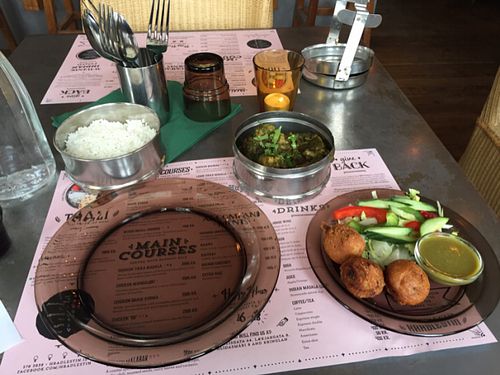 Rice, vegetable palak, and aloo bondas at Hradlestin in Reykjavik