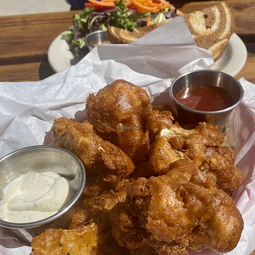 Vegan cauliflower with three sauce options at Longs Peak Pub in Longmont