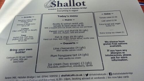 menu at Shallot in Hebden Bridge