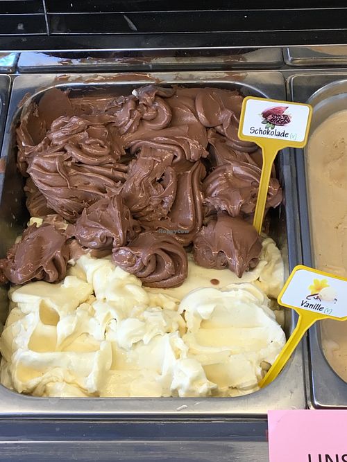 vegan chocolate gelato made of Ivory coast cocoa and vegan vanilla gelato, both made of soy milk. at Il Gelato in Muenster