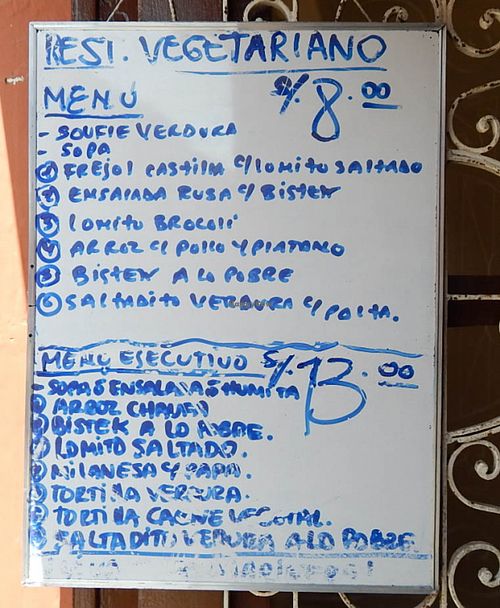 Lunch specials for 8 soles (less than three dollars). at Buena Salud in Trujillo
