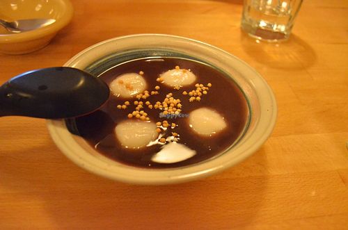 Oshiruko warm bowl of sweetened azuki beans and mochi rice cakes at Cha-Ya in San Francisco