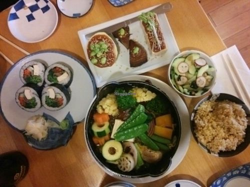 dinner set: cha-ya nabe sukiyaki soup, dengaku (broiled tofu and eggplant), vegan sushi, brown rice, lunch set with complementary miso soup and cucumber salad at Cha-Ya in San Francisco