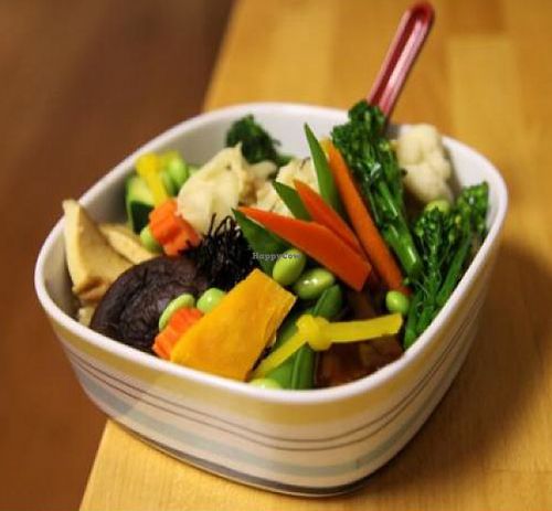 Cha-Ya Delight: seasoned organic brown rice topped with carrots, kabocha, broccoli, lotus root, cauliflower, zucchini, shiitake, snow peas,... at Cha-Ya in San Francisco