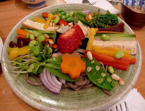 Soba Salad Soba noodles topped with various seasonal vegetables, sesame-oil vinaigrette dressing at Cha-Ya in San Francisco