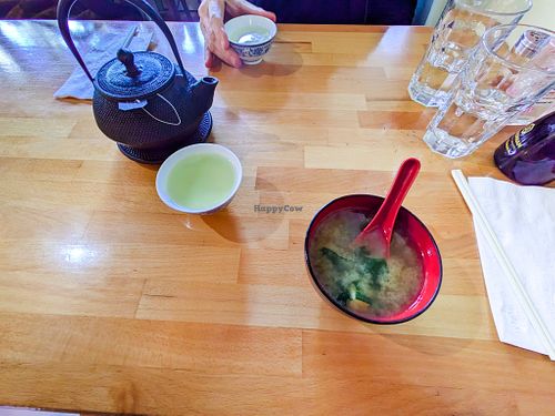 Miso soup and tea at Cha-Ya at Cha-Ya in San Francisco