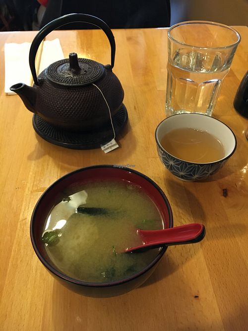 Miso soup and tea  at Cha-Ya in San Francisco