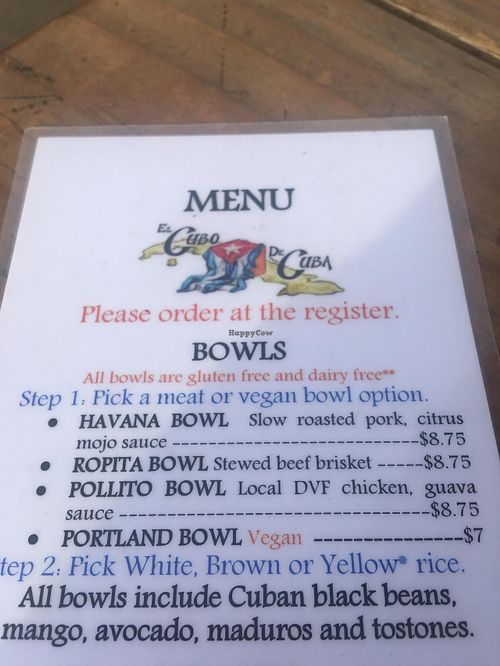 Menu at El Cubo de Cuba in Portland