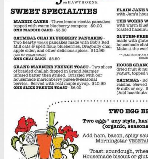 Part of menu at Jam on Hawthorne in Portland