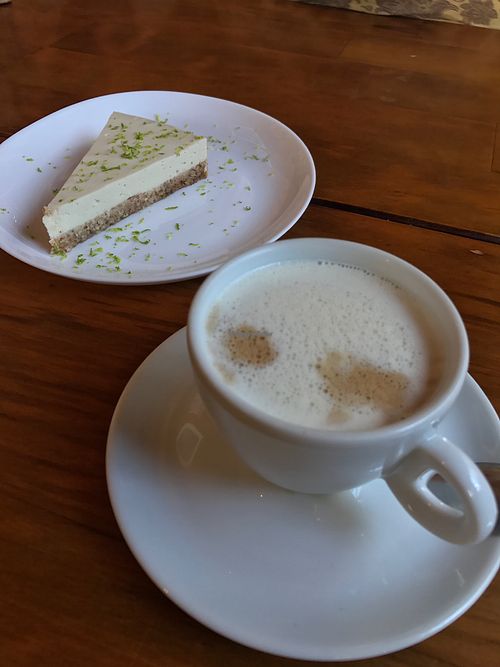 Raw lemon pie and coffee  at Cravo e Canela in Alto Paraiso
