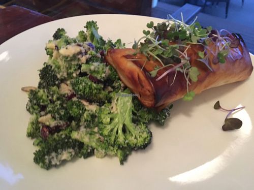 spinach and mushroom filo with broccoli salad  at Governors Bay Hotel in Christchurch