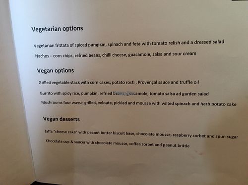vegan menu  at Governors Bay Hotel in Christchurch