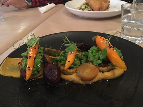 vegan corn cakes on a truffle cream and carrots  at Governors Bay Hotel in Christchurch