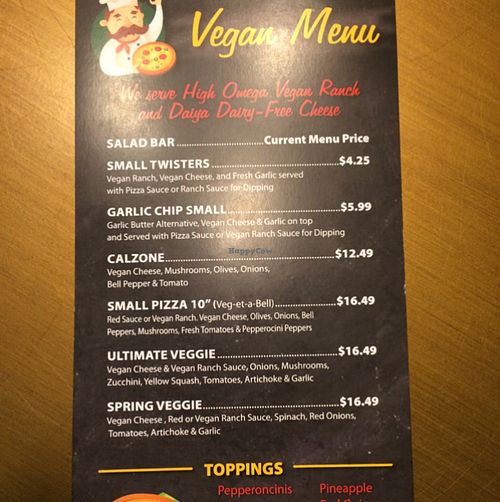 vegan menu! at Pizza Bell in Elk Grove
