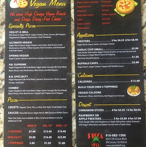 huge new vegan menu!!! at Pizza Bell in Elk Grove