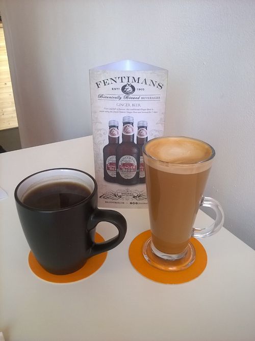 Hazelnut almond latte & americano at Roots Cafe in South Shields