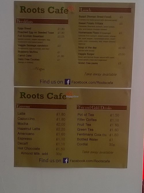 Current Menu at Roots Cafe in South Shields