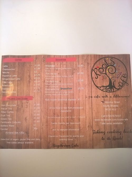 Snack and mains menu  at Roots Cafe in South Shields