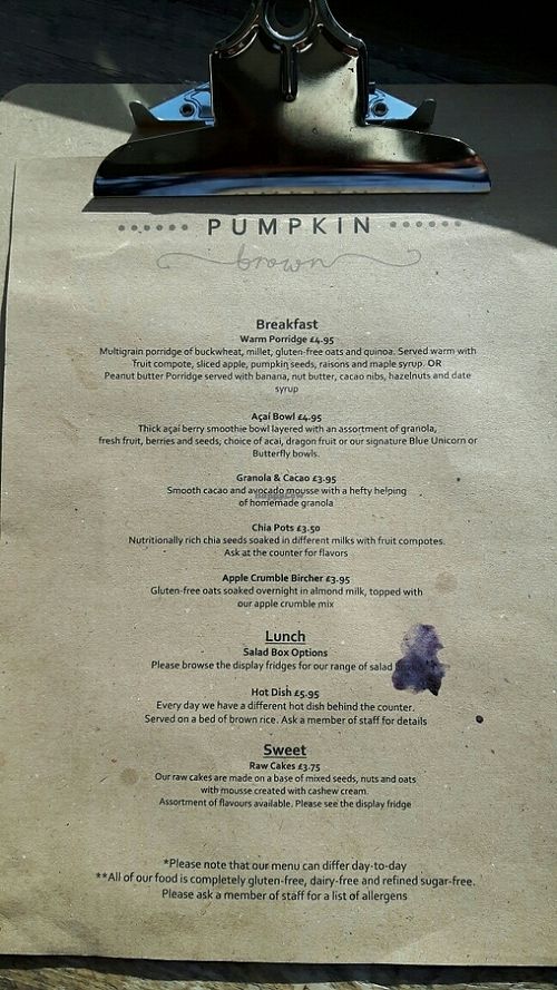 menu at Pumpkin Brown in Edinburgh