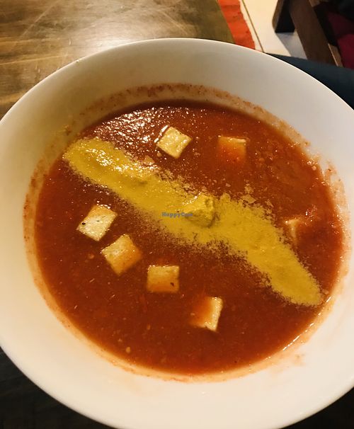 Aztec soup with vegan cheese and tofu at The Vegan Temple by Prasada in Cusco