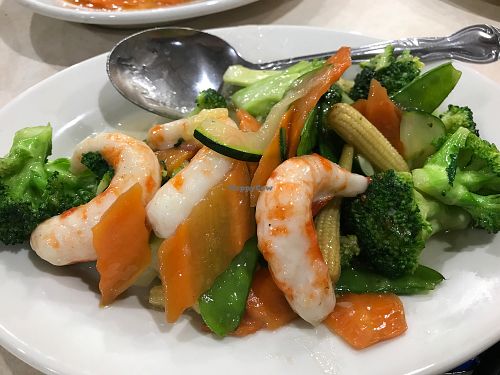Veggie Shrimp with Mixed Vegetables. Nice light sauce with large, plump vegan shrimp. at Veggie Express in Frisco