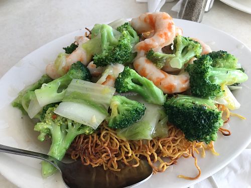 One of the best we've ever had anywhere. It's our favorite Shrimp Pan Fried Noodles. Perfectly crisp vegan egg noodle with delicious light sauce. Five stars! at Veggie Express in Frisco