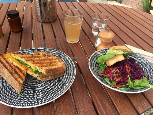 hummas, pumpkin & spinach toastie, mini tofu burger with ginger & lemongrass fiz.  at Hamster in Kyneton