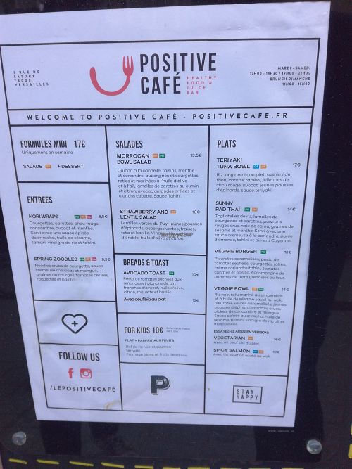 Menu at Positive Deli - Rue de Satory in Versailles