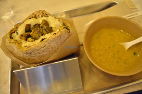 Mushroom pita and soup of the day (lentil soup) at Shouk in Washington