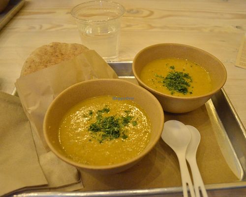 Soup of the day (lentil soup) and plain pita (delicious) at Shouk in Washington
