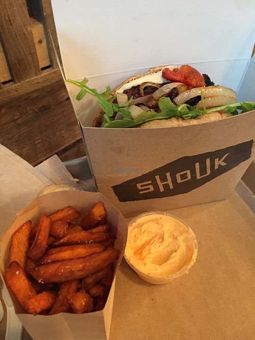 Shoukburger pita and sweet potato fries  at Shouk in Washington