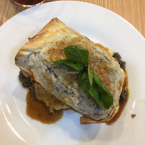 Baked Filo Pastry in Wellington Style with Carrot and Potato Mash, Vegan Truffle Gravy at Veggle Cafe in Kowloon