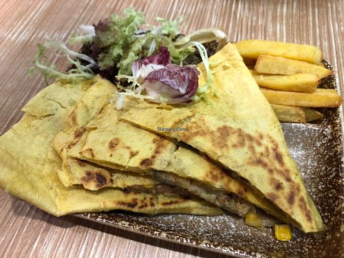 Quesadilla with sweet potato fries at Veggle Cafe in Kowloon
