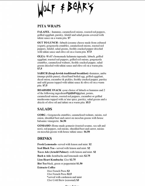Menu at Wolf and Bears - Food Cart N Mississippi in Portland