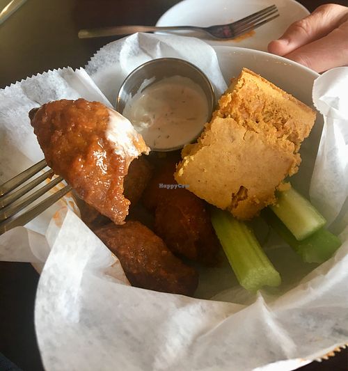 Seiten wings & cheesy cornbread w/ ranch and celery  at Graze in Nashville