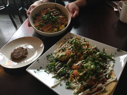 Scrambled tofu bowl, cauliflower sausage on the side, tofu rancheros at Graze in Nashville
