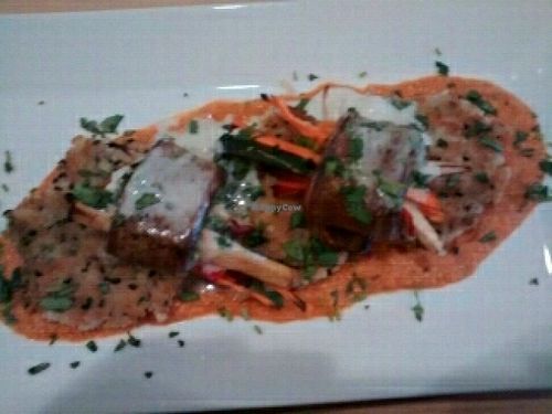 Daily special, veg wrapped in eggplant with tomato cashew sauce and coconut cream at Poppycock's in Traverse City