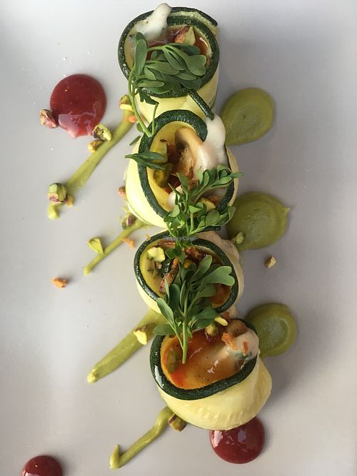 Courgette rolls with vegan cheese, mushrooms, and tomato jam at Dolmen Bar in Lanzarote