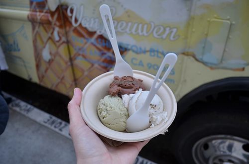 Vegan Ice Cream at the food truck (made with cashew milk): dark chocolate, pistachio (absolutely amazing!!), mint chocolate chip at Van Leeuwen Ice Cream - Arts District in Los Angeles