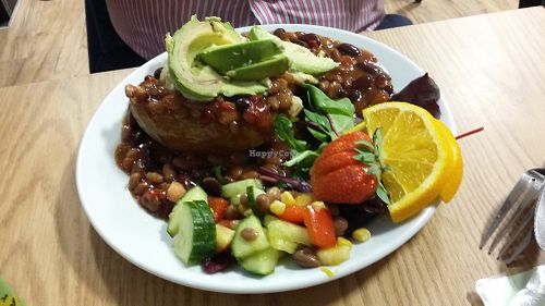 Vegan meal at Perrylicious - a baked potato with beans and avocado. at PerryLicious Coffee and Cake Rooms in Teignmouth