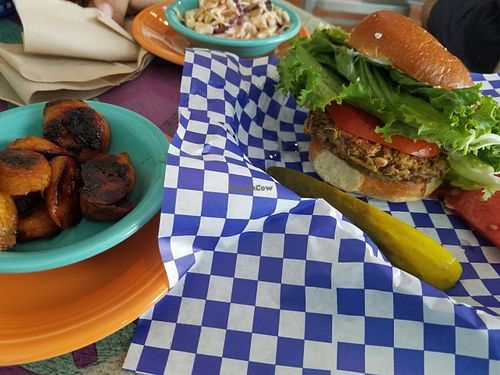 Okie Dokie Artichoke veggie burger with plaintain side at Beach Burgerz in Flagler Beach